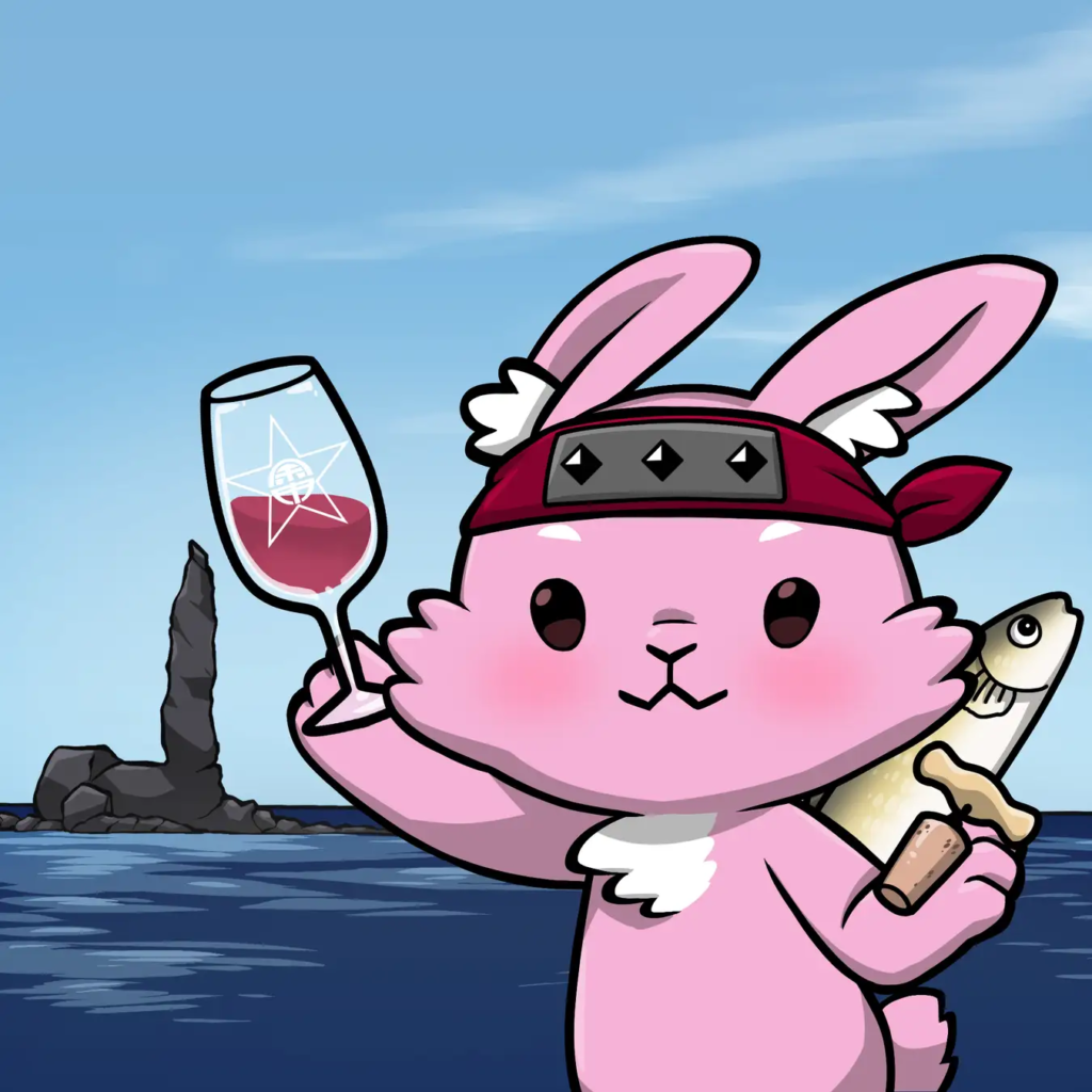 余市町の観光地を背景に、特産品のワインとニシンを持つ
CNPキャラクター「ルナ」