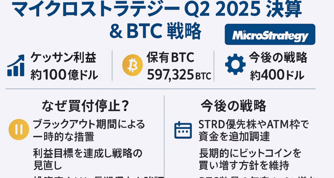 MicroStrategyがQ2で100億ドル黒字、公正価値会計により評価益急増。保有BTCは59.7万枚、買付停止は決算前の一時措置でHODL戦略は継続――主要数値をインフォグラフィックで解説。