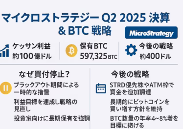 マイクロストラテジー第2四半期決算とBTC購入停止 10 MicroStrategyがQ2で100億ドル黒字、公正価値会計により評価益急増。保有BTCは59.7万枚、買付停止は決算前の一時措置でHODL戦略は継続――主要数値をインフォグラフィックで解説。