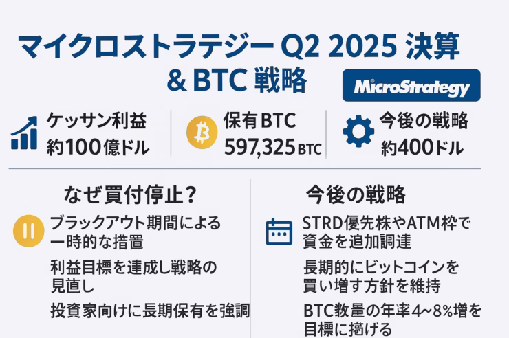 MicroStrategyがQ2で100億ドル黒字、公正価値会計により評価益急増。保有BTCは59.7万枚、買付停止は決算前の一時措置でHODL戦略は継続――主要数値をインフォグラフィックで解説。