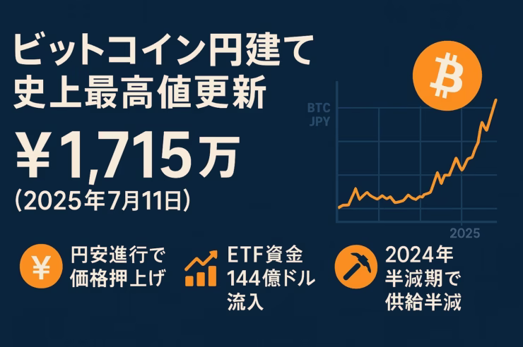 ビットコイン円建て1,715万円の最高値を中心に、円安・ETF144億ドル流入・2024年半減期要因を示し、2020～25の上昇グラフが右側に描かれたインフォグラフィック。
