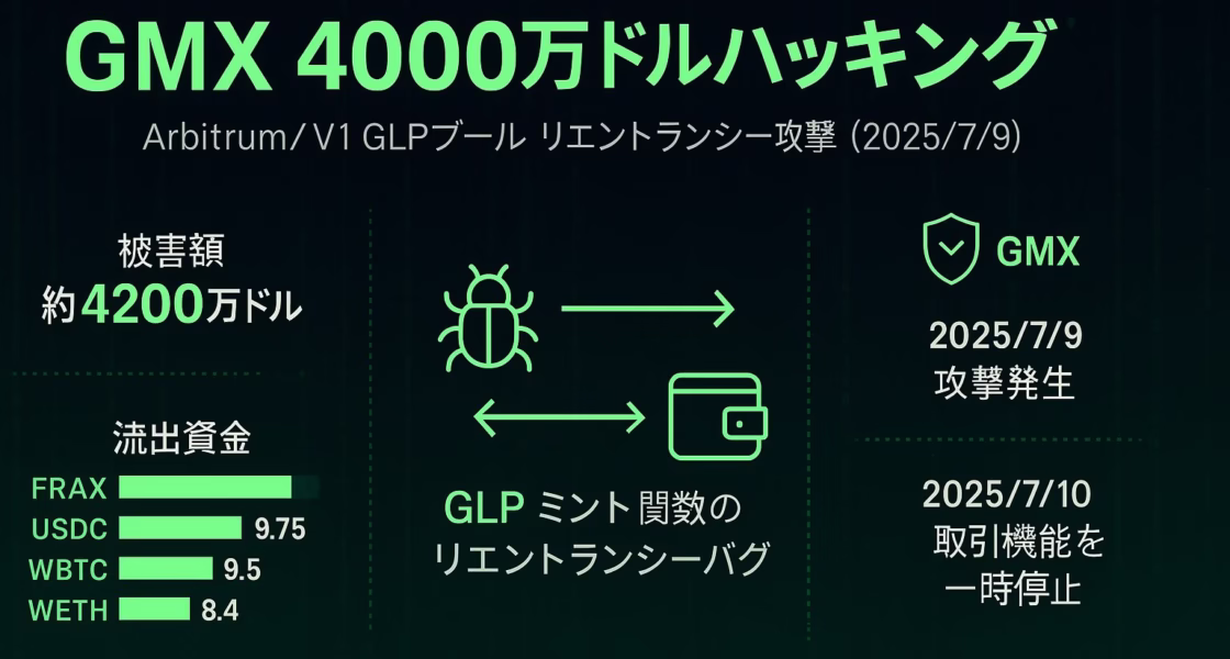 2025 年 7 月 9 日、GMX V1 GLPプールで発生した4,200万ドル規模ハッキングを解説する横長インフォグラフィック。左列に被害額と流出資産（FRAX・USDC・WBTC・WETH）の棒グラフ、中央にバグとウォレットアイコンでリエントランシーバグの攻撃フロー、右列にGMXの対応タイムライン。黒基調にネオングリーンのアクセント。