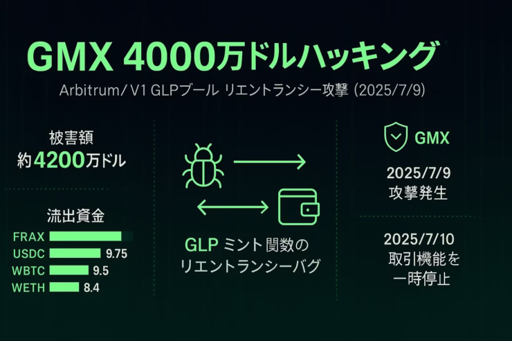 2025 年 7 月 9 日、GMX V1 GLPプールで発生した4,200万ドル規模ハッキングを解説する横長インフォグラフィック。左列に被害額と流出資産（FRAX・USDC・WBTC・WETH）の棒グラフ、中央にバグとウォレットアイコンでリエントランシーバグの攻撃フロー、右列にGMXの対応タイムライン。黒基調にネオングリーンのアクセント。