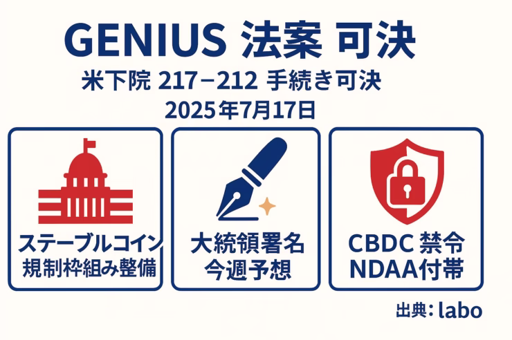 白地に赤・紺を基調としたアメリカン配色の横長インフォグラフィック。中央上に「GENIUS 法案 可決」、次行に「米下院 217–212 手続き可決」、その下に日付「2025年7月17日」。下部は3列グリッド。左：赤い米議会ドームアイコンと「ステーブルコイン規制枠組み整備」。中央：紺の万年筆アイコンと「大統領署名 今週予想」。右：赤い南京錠付き盾アイコンと「CBDC禁令 NDAA付帯」。右下に「出典：labo」。