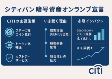 「シティバンク暗号資産オンランプ宣言」と題した横長インフォグラフィック。左から「CITIの主要施策」「いま動く理由」「市場インパクト」の3列構成で、ステーブルコイン発行・トークン化預金・カストディ、GENIUS法案・顧客需要急増・競合圧力、Stablecoin 2030 規模3.7兆ドル・BTC需要増をそれぞれアイコンとグラフで示し、右下にCitiロゴを配置（サイズ1280×670px）。