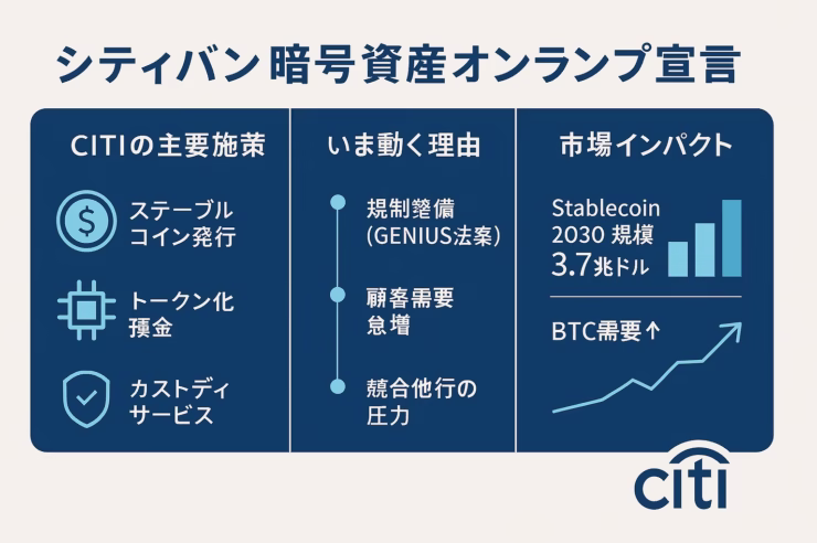 「シティバンク暗号資産オンランプ宣言」と題した横長インフォグラフィック。左から「CITIの主要施策」「いま動く理由」「市場インパクト」の3列構成で、ステーブルコイン発行・トークン化預金・カストディ、GENIUS法案・顧客需要急増・競合圧力、Stablecoin 2030 規模3.7兆ドル・BTC需要増をそれぞれアイコンとグラフで示し、右下にCitiロゴを配置（サイズ1280×670px）。