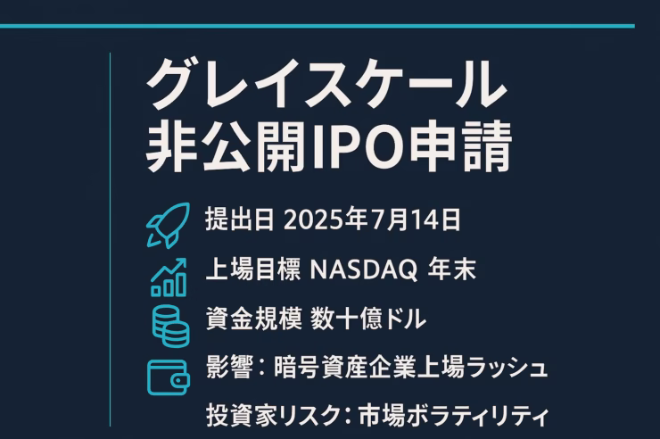 深紺の背景にターコイズとライトグレーをアクセントにした横長インフォグラフィック。中央寄りに大見出し「グレイスケール 非公開IPO申請」、その下にロケット・チャート・コイン・ウォレット・ローソク足のラインアイコンとともに、提出日 2025年7月14日／上場目標 NASDAQ年末／資金規模 数十億ドル／影響 暗号資産企業上場ラッシュ／投資家リスク 市場ボラティリティ――の5項目を日本語で箇条書き。四辺から60 px内側に全要素が収まり、可読性を確保。