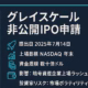 深紺の背景にターコイズとライトグレーをアクセントにした横長インフォグラフィック。中央寄りに大見出し「グレイスケール 非公開IPO申請」、その下にロケット・チャート・コイン・ウォレット・ローソク足のラインアイコンとともに、提出日 2025年7月14日／上場目標 NASDAQ年末／資金規模 数十億ドル／影響 暗号資産企業上場ラッシュ／投資家リスク 市場ボラティリティ――の5項目を日本語で箇条書き。四辺から60 px内側に全要素が収まり、可読性を確保。