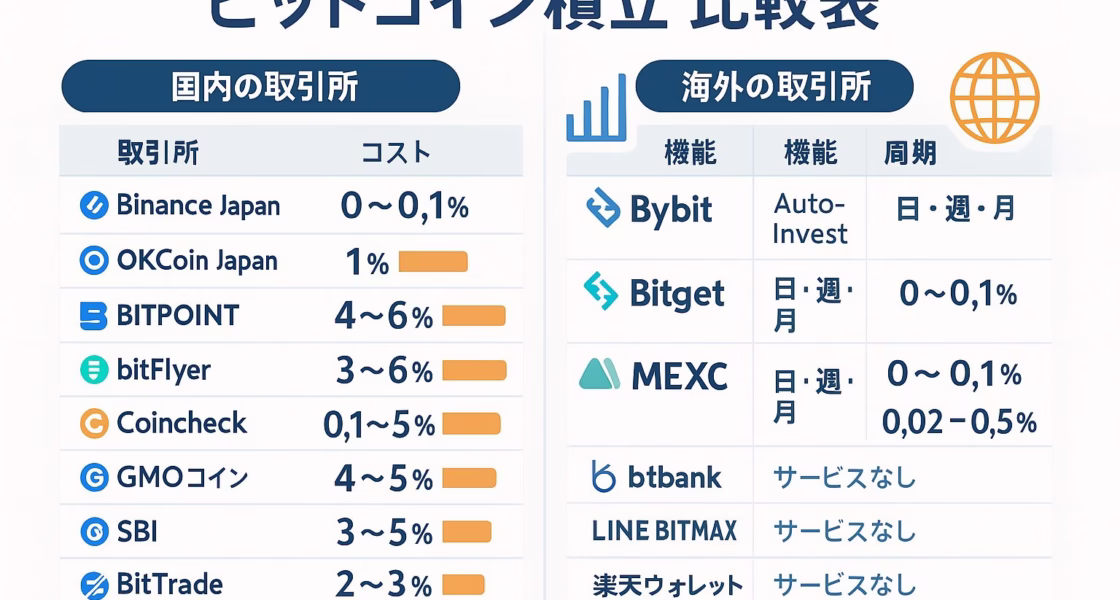 1280×670 px の横長インフォグラフィック。「ビットコイン積立 比較表」というタイトル下で、左に国内取引所（Binance Japan0–0.1％、OKCoin Japan1％、BITPOINT4–6％、bitFlyer3–6％、Coincheck0.1–5％、GMOコイン4–5％、SBI VC3–5％、BitTrade2–3％、CoinTrade0.1–8％、Zaif0.1–8％）、右に海外取引所（Bybit0.1％、Bitget0–0.1％、MEXC0–0.5％）を比較。ブルー基調にオレンジのバーでコスト幅を可視化し、アイコンを添えた二段表レイアウト。