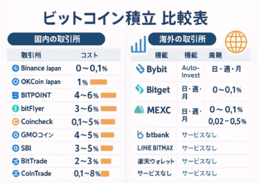 1280×670 px の横長インフォグラフィック。「ビットコイン積立 比較表」というタイトル下で、左に国内取引所（Binance Japan0–0.1％、OKCoin Japan1％、BITPOINT4–6％、bitFlyer3–6％、Coincheck0.1–5％、GMOコイン4–5％、SBI VC3–5％、BitTrade2–3％、CoinTrade0.1–8％、Zaif0.1–8％）、右に海外取引所（Bybit0.1％、Bitget0–0.1％、MEXC0–0.5％）を比較。ブルー基調にオレンジのバーでコスト幅を可視化し、アイコンを添えた二段表レイアウト。