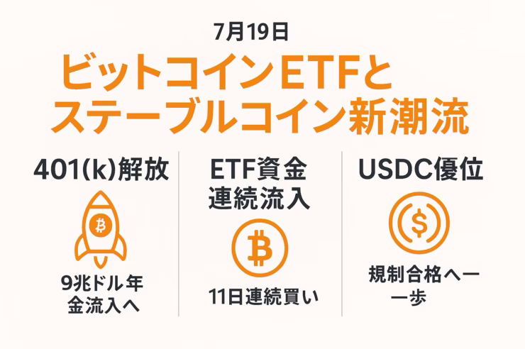 ビットコインETFとステーブルコイン新潮流を3列で簡潔に示した日本語インフォグラフィック。401(k)解放・ETF資金連続流入・USDC優位をビットコインオレンジ基調で表現。