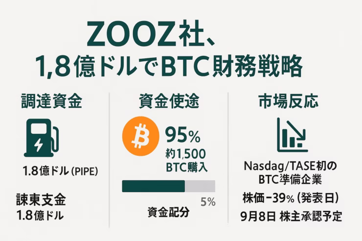 Noto Sans JP採用・メイングリーン＋ビットコインオレンジ＋ダークグレーの3色構成で、ZOOZ社らしいクリーン＆テック感を意識しています。