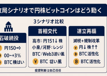 横長インフォグラフィック。タイトル「政局シナリオで円株ビットコインはどう動く」。3つの縦長ブロックで「石破続投」「首相交代」「連立再編」を比較し、それぞれ円相場・日経平均・ビットコインの想定インパクトをアイコンと数値で表示。配色は濃紺をメインカラー、ゴールドをアクセント、背景は淡いグレー。左上に政府庁舎アイコン、下部に「投資判断は自己責任」の小さな注記。全要素が上下左右60 pxのセーフゾーン内に収まり、日本語はNoto Sans JPで最小20 px以上。
