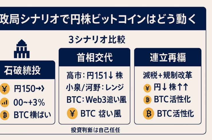横長インフォグラフィック。タイトル「政局シナリオで円株ビットコインはどう動く」。3つの縦長ブロックで「石破続投」「首相交代」「連立再編」を比較し、それぞれ円相場・日経平均・ビットコインの想定インパクトをアイコンと数値で表示。配色は濃紺をメインカラー、ゴールドをアクセント、背景は淡いグレー。左上に政府庁舎アイコン、下部に「投資判断は自己責任」の小さな注記。全要素が上下左右60 pxのセーフゾーン内に収まり、日本語はNoto Sans JPで最小20 px以上。