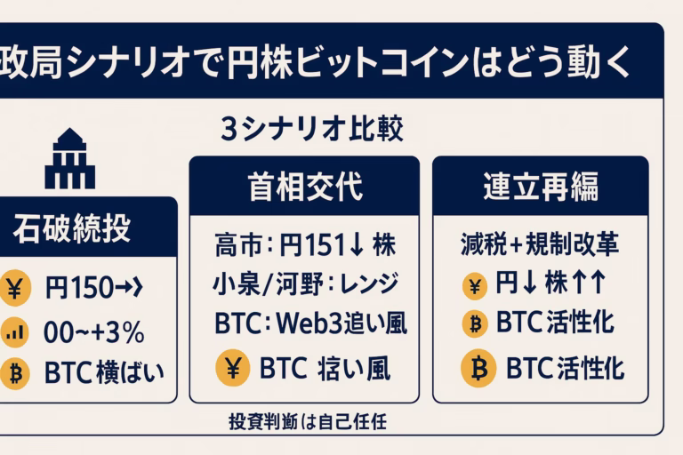 横長インフォグラフィック。タイトル「政局シナリオで円株ビットコインはどう動く」。3つの縦長ブロックで「石破続投」「首相交代」「連立再編」を比較し、それぞれ円相場・日経平均・ビットコインの想定インパクトをアイコンと数値で表示。配色は濃紺をメインカラー、ゴールドをアクセント、背景は淡いグレー。左上に政府庁舎アイコン、下部に「投資判断は自己責任」の小さな注記。全要素が上下左右60 pxのセーフゾーン内に収まり、日本語はNoto Sans JPで最小20 px以上。