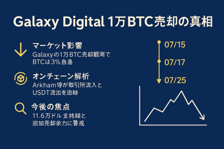 横長インフォグラフィック。濃紺背景に白字タイトル「Galaxy Digital 1万BTC売却の真相」。左列に黄色アイコン付きで「マーケット影響」「オンチェーン解析」「今後の焦点」を要約し、右列に縦のタイムライン（07/15・07/17・07/25）とBTC価格下落の折れ線ミニグラフを配置。余白 60 px を確保し、日本語テキストは Noto Sans JP、配色はメイン濃紺＋アクセントゴールド＋白。