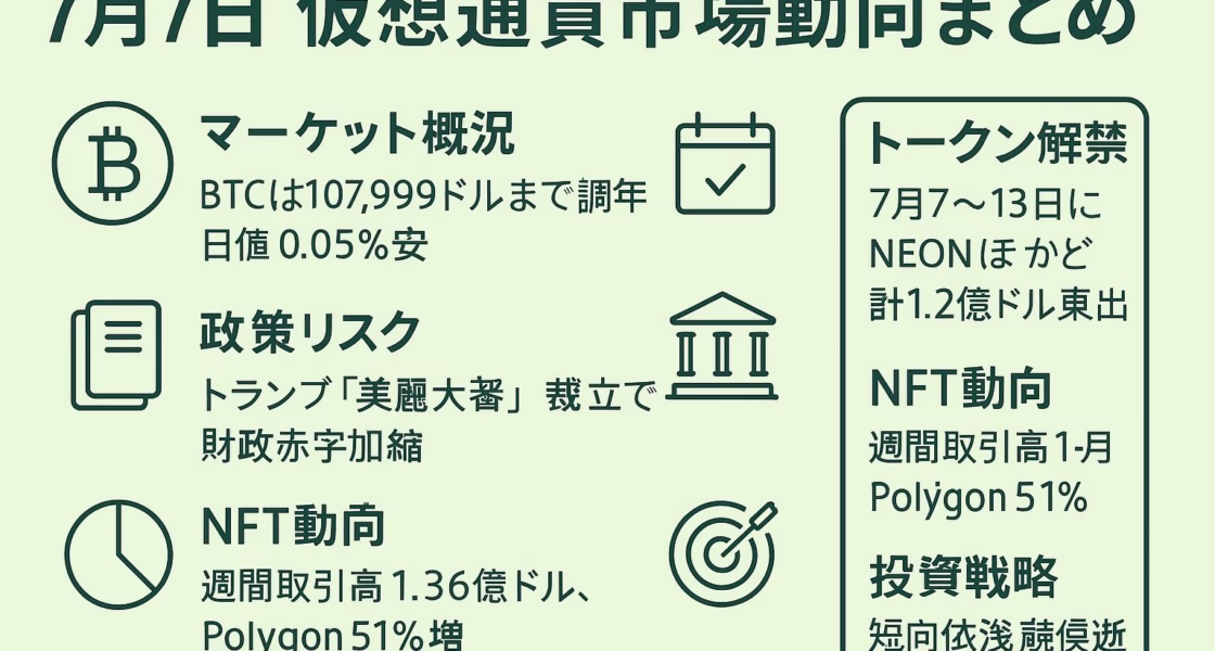 日本語インフォグラフィック─淡いグリーン背景に黒緑テキストで「7月7日 仮想通貨市場動向まとめ」。左列にビットコイン・書類・円グラフアイコンで「マーケット概況」「政策リスク」「NFT動向」を説明。右側ボックスに「トークン解禁（7月7〜13日NEONほか計1.2億ドル）」と「投資戦略」を掲示。中央にカレンダー・庁舎・的アイコンを添え視認性を高める。