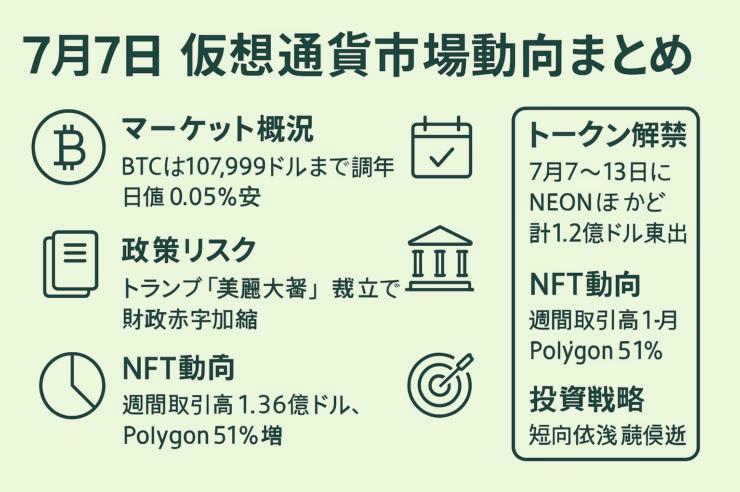 日本語インフォグラフィック─淡いグリーン背景に黒緑テキストで「7月7日 仮想通貨市場動向まとめ」。左列にビットコイン・書類・円グラフアイコンで「マーケット概況」「政策リスク」「NFT動向」を説明。右側ボックスに「トークン解禁（7月7〜13日NEONほか計1.2億ドル）」と「投資戦略」を掲示。中央にカレンダー・庁舎・的アイコンを添え視認性を高める。