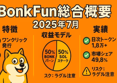 BonkFun最新動向:Pump.fun超えの理由 16 オレンジ基調の横長1280×670 pxインフォグラフィック。左にコミカルな柴犬風「BONK」キャラ、中央に「50% BONKバーン/50% SOLステーク」の円グラフ、右に「日次トークン1.8万+」「市場シェア49.8%」など実績。太字タイトル「BonkFun総合概要 2025年7月」、最小限の日本語テキストでミーム感を強調。