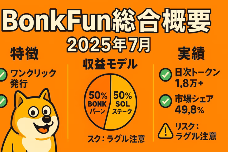 オレンジ基調の横長1280×670 pxインフォグラフィック。左にコミカルな柴犬風「BONK」キャラ、中央に「50% BONKバーン／50% SOLステーク」の円グラフ、右に「日次トークン1.8万+」「市場シェア49.8%」など実績。太字タイトル「BonkFun総合概要 2025年7月」、最小限の日本語テキストでミーム感を強調。