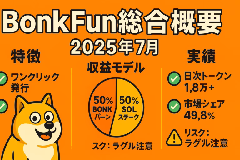 オレンジ基調の横長1280×670 pxインフォグラフィック。左にコミカルな柴犬風「BONK」キャラ、中央に「50% BONKバーン／50% SOLステーク」の円グラフ、右に「日次トークン1.8万+」「市場シェア49.8%」など実績。太字タイトル「BonkFun総合概要 2025年7月」、最小限の日本語テキストでミーム感を強調。