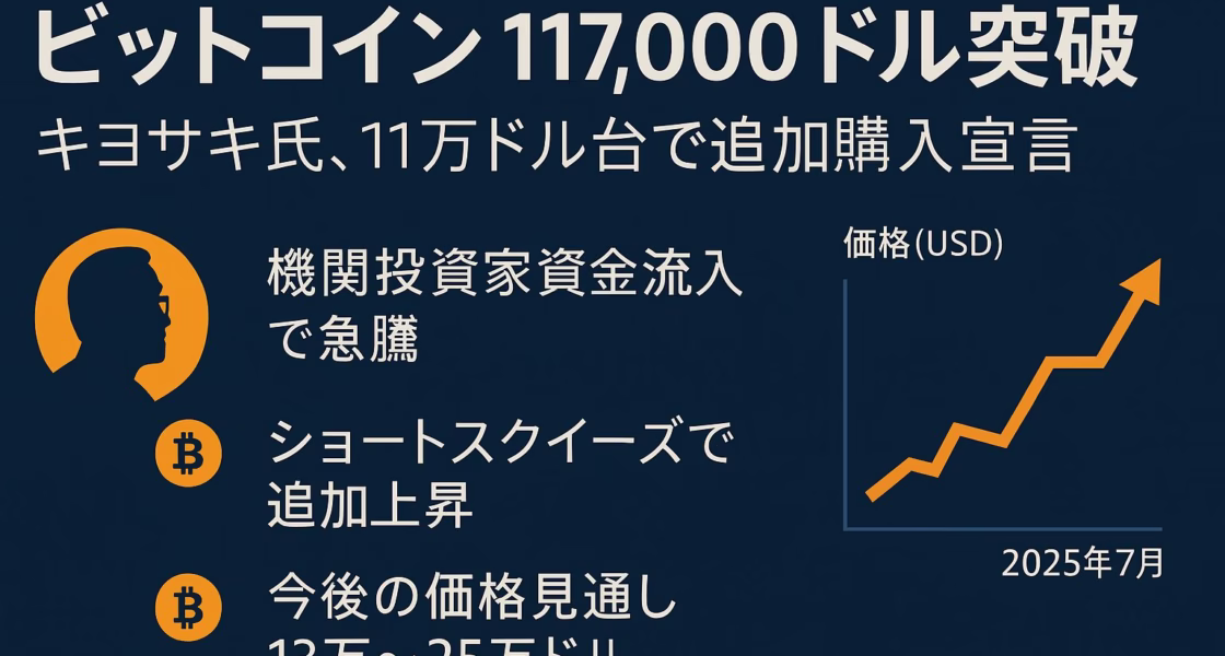紺色背景に白い大見出し「ビットコイン117,000ドル突破」。その下に「キヨサキ氏、11万ドル台で追加購入宣言」。左側にオレンジ色のシルエットアイコンとビットコインロゴ。中央に3つの箇条書き：「機関投資家資金流入で急騰」「ショートスクイーズで追加上昇」「今後の価格見通し13万～25万ドル」。右側にオレンジの上昇ラインチャートと軸ラベル〈価格(USD)／2025年7月〉。全体が1280×670 px、四辺60 pxの余白内に収まるレイアウト。