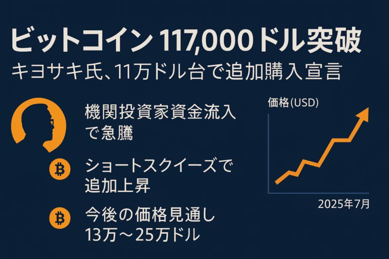 紺色背景に白い大見出し「ビットコイン117,000ドル突破」。その下に「キヨサキ氏、11万ドル台で追加購入宣言」。左側にオレンジ色のシルエットアイコンとビットコインロゴ。中央に3つの箇条書き：「機関投資家資金流入で急騰」「ショートスクイーズで追加上昇」「今後の価格見通し13万～25万ドル」。右側にオレンジの上昇ラインチャートと軸ラベル〈価格(USD)／2025年7月〉。全体が1280×670 px、四辺60 pxの余白内に収まるレイアウト。