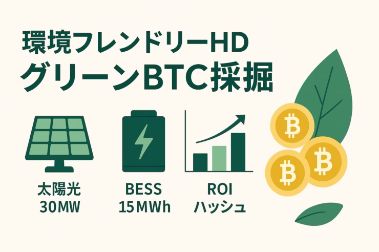 「環境フレンドリーHD 再エネ×ビットコイン採掘」をテーマに、グリーンとゴールドを基調とした横長（1280×670 px）の図解。左に要点（ビジネスモデル・市場影響・グリーン効果・先行事例・投資留意点）、下部にアイコン（太陽光30 MW／BESS 15 MWh／BTCハッシュ）、右に葉とコイン、ROI棒グラフを配置。