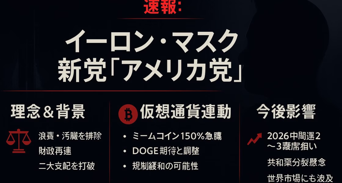 "Infographic summarising Elon Musk's America Party launch in Japanese"