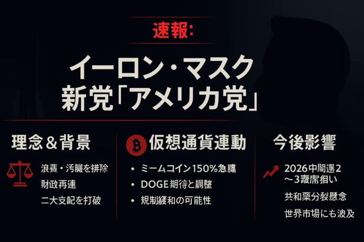 "Infographic summarising Elon Musk's America Party launch in Japanese"