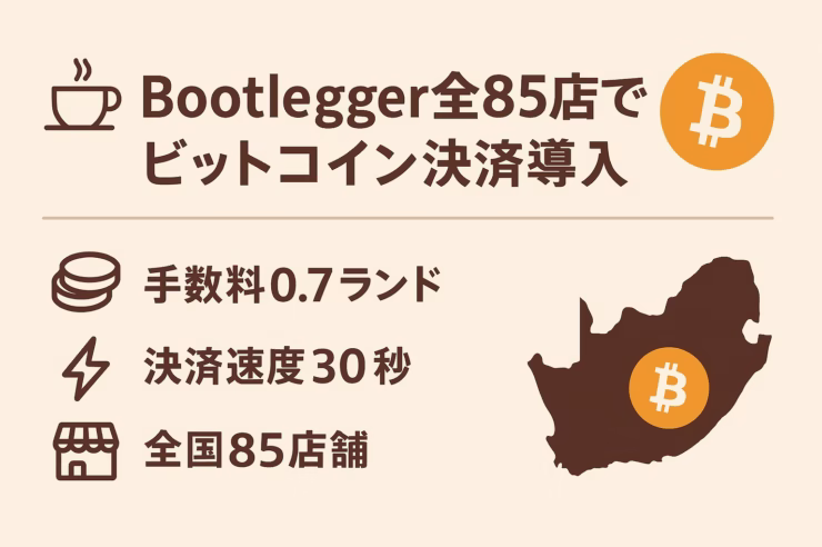 「Bootlegger全85店でビットコイン決済導入」と題した横長インフォグラフィック。左上にコーヒーカップと見出し、右上にビットコインロゴ。中央に手数料0.7ランド・決済速度30秒・全国85店舗の3ポイントをアイコン付きで配置。右下に南アフリカ地図とビットコインマーク。背景は淡いベージュ、文字とアイコンは濃いコーヒーブラウンとビットコインオレンジ。