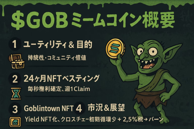 ゴブリンのイラストとネオングリーンの文字で 「$GOB ミームコイン概要」 を示す横長インフォグラフィック。4 つの見出し（①ユーティリティ&目的 ②24 ヶ月NFTベスティング ③Goblintown NFT関係 ④市況&展望）と簡潔な日本語説明がダークグリーンの背景に配置され、右側にはSolanaコインを掲げたコミカルなゴブリンが描かれている。