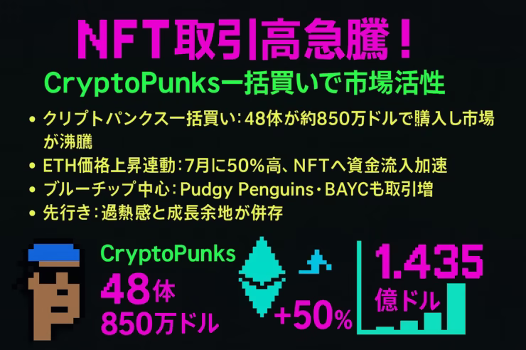 CryptoPunks風ピクセルアートの横長インフォグラフィック。NFT取引高急騰を示す見出しと、CryptoPunks48体約850万ドル購入、ETH価格+50% 今月、総取引高1.435億ドルなどを3列グリッドで表示。背景黒にネオンカラーのテキストとアイコン。