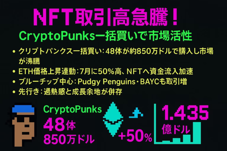 CryptoPunks風ピクセルアートの横長インフォグラフィック。NFT取引高急騰を示す見出しと、CryptoPunks48体約850万ドル購入、ETH価格+50% 今月、総取引高1.435億ドルなどを3列グリッドで表示。背景黒にネオンカラーのテキストとアイコン。