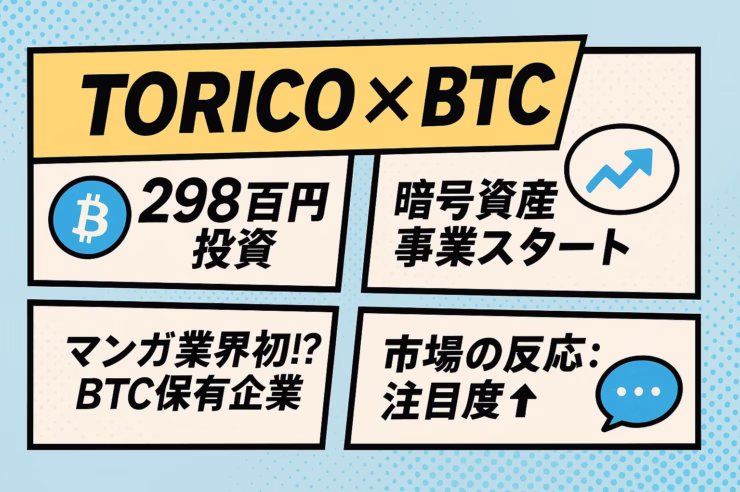 水色のドットパターン背景に、縁取りコミックパネルが4つ並ぶ。 上部に「TORICO×BTC」と大見出し。 左上パネル：青いビットコインアイコンと「298百万円投資」。 右上パネル：上向き矢印アイコンと「暗号資産事業スタート」。 左下パネル：「マンガ業界初!? BTC保有企業」。 右下パネル：吹き出しアイコンと「市場の反応: 注目度↑」。