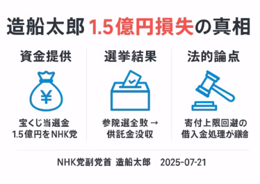 「造船太郎 1.5 億円損失の真相」をテーマに、資金提供・選挙結果・法的論点の3 ブロックを横並びで示した日本語インフォグラフィック。タイトルは黒＋赤、青いラインアイコン（巾着袋・投票箱・木槌）を使用。