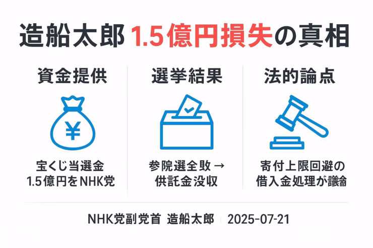 「造船太郎 1.5 億円損失の真相」をテーマに、資金提供・選挙結果・法的論点の3 ブロックを横並びで示した日本語インフォグラフィック。タイトルは黒＋赤、青いラインアイコン（巾着袋・投票箱・木槌）を使用。