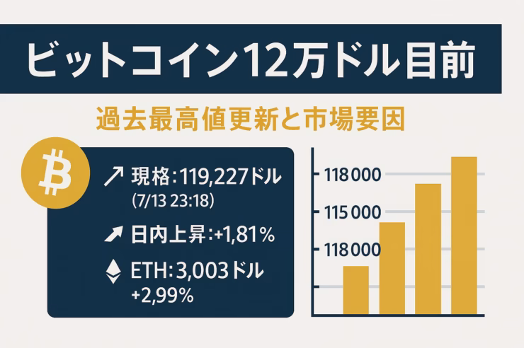 ビットコインの価格が12万ドル目前に迫っていることを伝える横長インフォグラフィック。左上に金色のビットコインロゴ、横幅中央に白字タイトル「ビットコイン12万ドル目前」。その下にサブタイトル「過去最高値更新と市場要因」。左寄りの情報ブロックには上向き矢印アイコンとともに「現価格：119,227ドル（7/13 23:18）」「日内上昇：+1.81%」「ETH：3,003ドル +2.99%」を表示。右側には金色の棒グラフで11万〜11.9万ドルまでの価格推移を可視化。全体はダークネイビーと金を基調にした配色で、上下左右60 pxのセーフゾーンを確保。