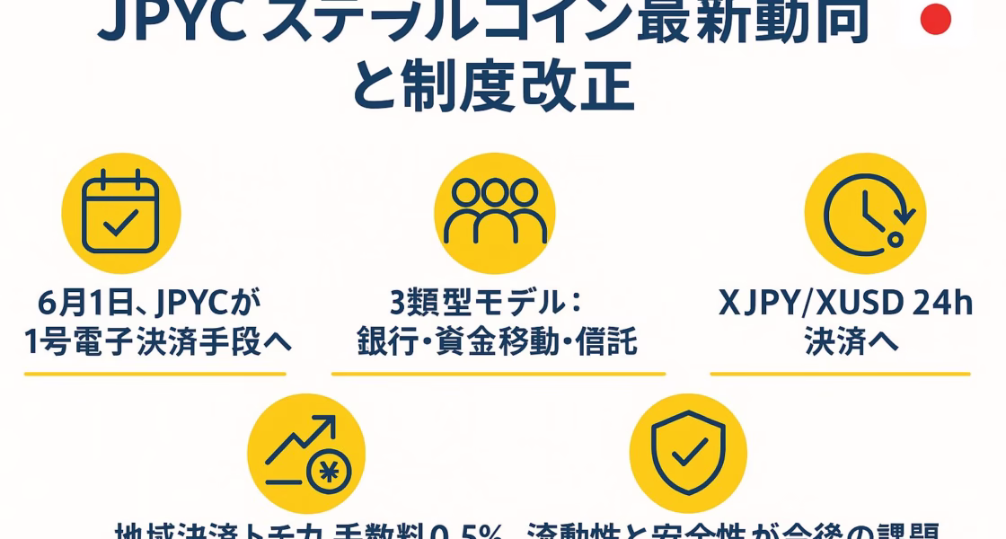 横長 1280 × 670 px、白背景にネイビーブルー×イエローの配色。中央上部に「JPYC ステーブルコイン最新動向と制度改正」の見出し、その右に日本国旗アイコン。下部は 3 列グリッド＋1 行で計 5 トピックをアイコン付きで配置――①6 月 1 日 JPYC が 1 号電子決済手段へ ②3 類型モデル（銀行・資金移動・信託）③XJPY/XUSD 24 h 決済 ④地域決済トチカ手数料 0.5% ⑤流動性と安全性が今後の課題。左端 60 px セーフゾーン確保済み。