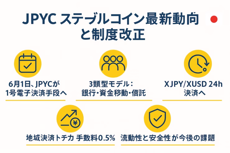 横長 1280 × 670 px、白背景にネイビーブルー×イエローの配色。中央上部に「JPYC ステーブルコイン最新動向と制度改正」の見出し、その右に日本国旗アイコン。下部は 3 列グリッド＋1 行で計 5 トピックをアイコン付きで配置――①6 月 1 日 JPYC が 1 号電子決済手段へ ②3 類型モデル（銀行・資金移動・信託）③XJPY/XUSD 24 h 決済 ④地域決済トチカ手数料 0.5% ⑤流動性と安全性が今後の課題。左端 60 px セーフゾーン確保済み。
