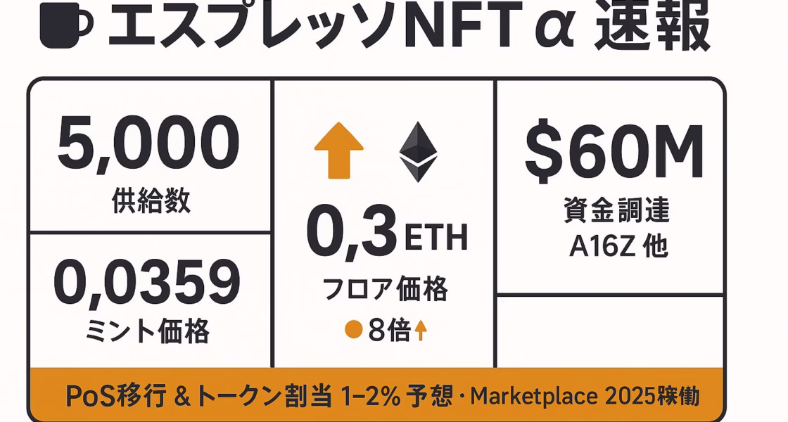供給5,000・ミント0.0359ETH・フロア0.3ETH・資金調達6,000万ドル——Espresso NFT最新α速報を1枚で把握。PoS移行とトークン割当1-2％の期待も強調。