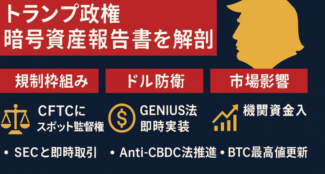 トランプ政権の暗号資産報告書を要約した横長インフォグラフィック。赤いタイトルバナーとネイビーバック、金色アイコンで「規制枠組み」「ドル防衛」「市場影響」を3列に整理。