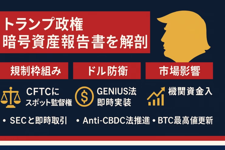 トランプ政権の暗号資産報告書を要約した横長インフォグラフィック。赤いタイトルバナーとネイビーバック、金色アイコンで「規制枠組み」「ドル防衛」「市場影響」を3列に整理。