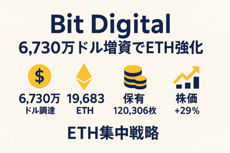 Bit Digitalのイーサリアム戦略を4アイコンで簡潔に示した横長インフォグラフィック。中央に「Bit Digital 6,730万ドル増資でETH強化」のタイトル、下段に「6,730万ドル調達」「19,683 ETH追加」「保有120,306枚」「株価＋29%」の4カードが並ぶ。配色は濃紺×黄アクセント、余白60 pxを確保し文字量を最小化。