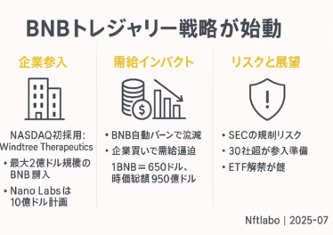 BNBトレジャリー戦略を3列でまとめた日本語インフォグラフィック。左列が企業参入（Windtree・Nano Labs）、中央が需給インパクト（自動バーンと価格指標）、右列がリスクと展望（SEC規制・ETF解禁）を示し、BNBイエローとダークグレーを基調にした横長デザイン。