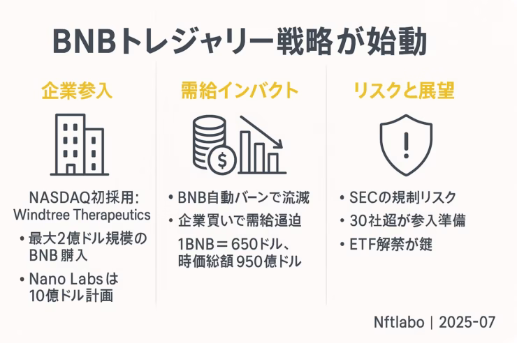 BNBトレジャリー戦略を3列でまとめた日本語インフォグラフィック。左列が企業参入（Windtree・Nano Labs）、中央が需給インパクト（自動バーンと価格指標）、右列がリスクと展望（SEC規制・ETF解禁）を示し、BNBイエローとダークグレーを基調にした横長デザイン。