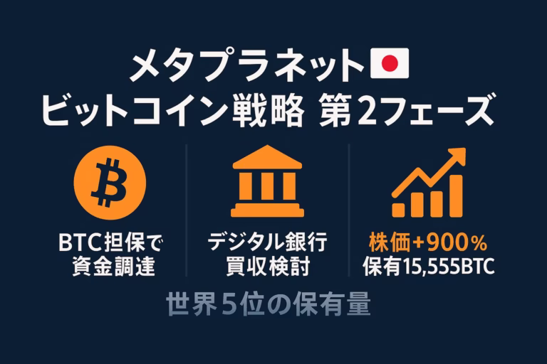 メタプラネット🇯🇵 ビットコイン戦略 第2フェーズ」と題し、濃紺背景に日本国旗アイコンを添えたタイトル。下部にオレンジのビットコイン・銀行・上向きチャートのフラットアイコンを3列配置し、左から「BTC担保で資金調達」「デジタル銀行買収検討」「株価+900％／保有15,555BTC」を白字で示し、最下部に灰色で「世界5位の保有量」と記した横長インフォグラフィック