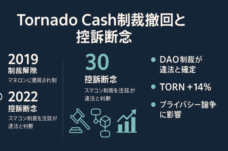 Tornado Cash制裁撤回と控訴断念」を大見出しに、左列に2019年制裁解除・2022年控訴断念などの年表、中央に“30控訴断念”とアイコン（木槌・ブロックチェーン・上向き矢印）、右列に「DAO制裁が違法と確定」「TORN +14%」「プライバシー論争に影響」の3点を箇条書きで示した、ネイビーベースにミントグリーンと白文字の横長（1280×670px）日本語インフォグラフィック。