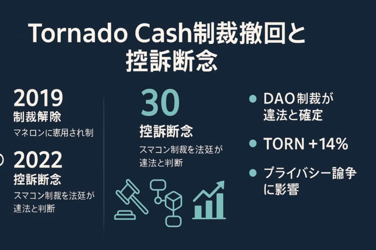 Tornado Cash制裁撤回と控訴断念」を大見出しに、左列に2019年制裁解除・2022年控訴断念などの年表、中央に“30控訴断念”とアイコン（木槌・ブロックチェーン・上向き矢印）、右列に「DAO制裁が違法と確定」「TORN +14%」「プライバシー論争に影響」の3点を箇条書きで示した、ネイビーベースにミントグリーンと白文字の横長（1280×670px）日本語インフォグラフィック。