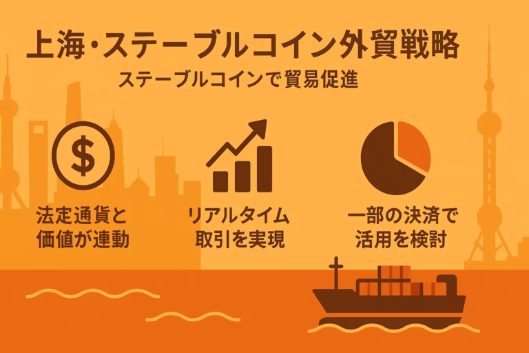 上海の夜景シルエットを背景に、政策動向・市場反応・リスク対策を三列で示し、ステーブルコインによる外貿促進をわかりやすく図解した横長インフォグラフィック。